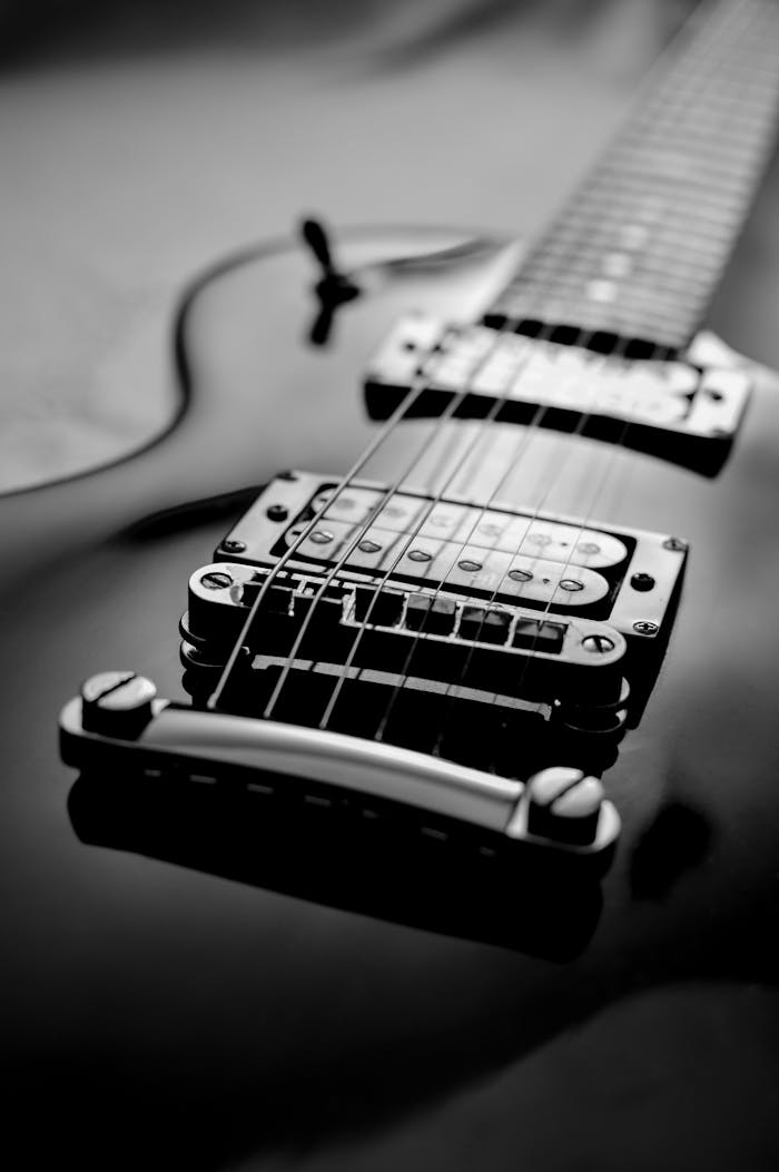 Artistic black and white close-up of an electric guitar's strings and body.